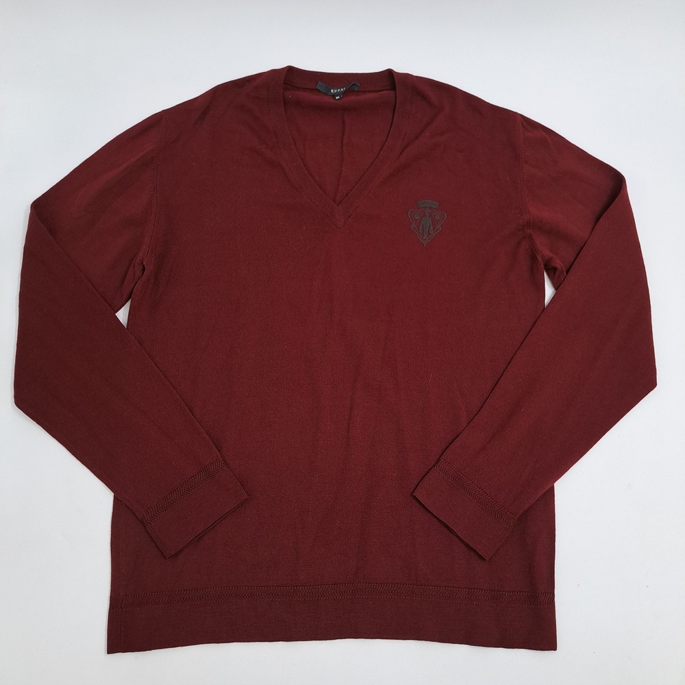 Gucci V-Neck Sweater Mens XL Wool Burgundy Solid Crest Logo Z7176 Italy